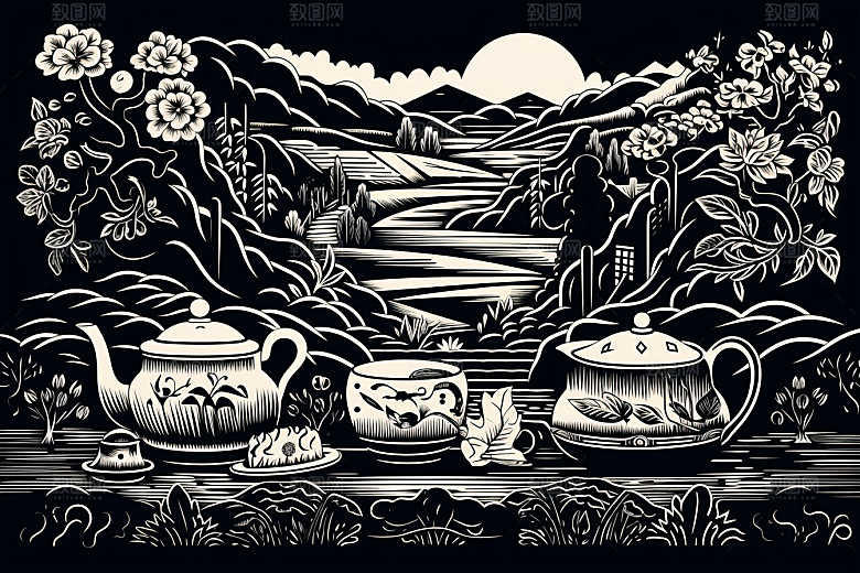 茶园国画写实铜版画