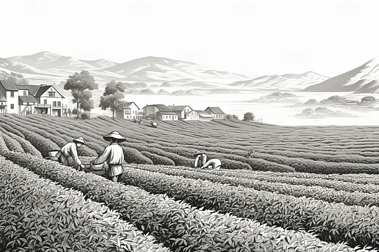 茶园写实雕刻铜版画
