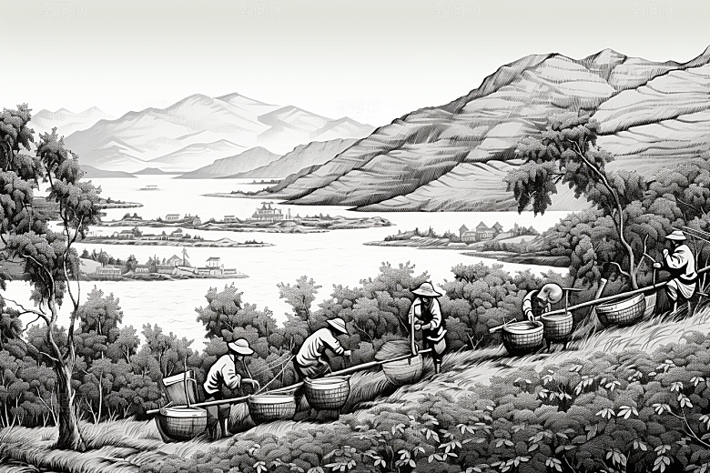 茶园写实雕刻铜版画