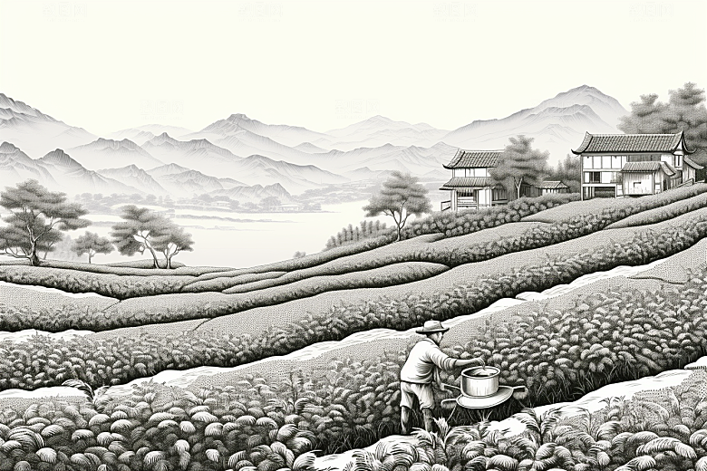 茶园国画黑白铜版画