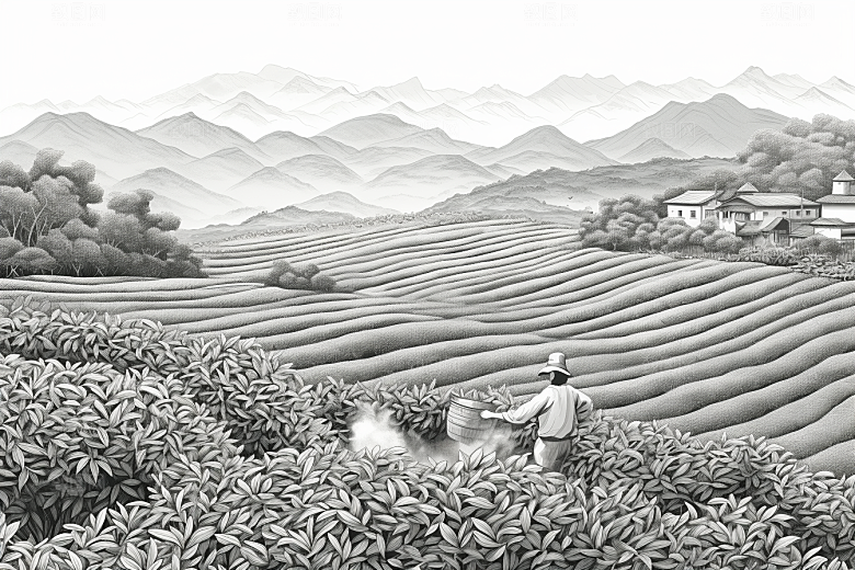 茶园水墨写实铜版画