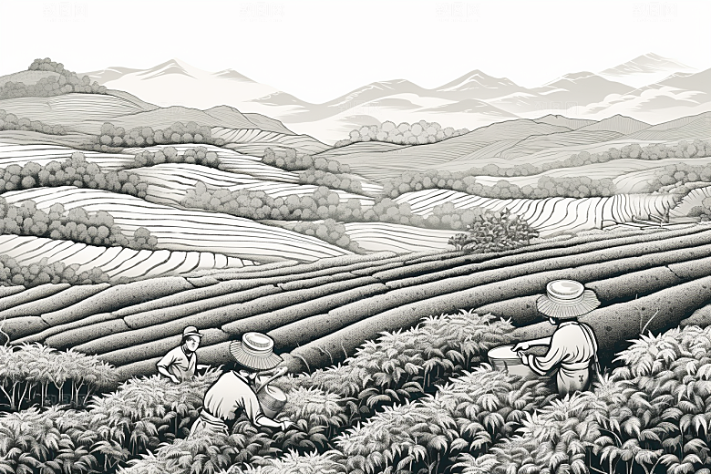 茶园雕刻黑白铜版画