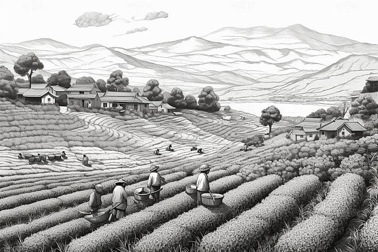 茶园黑白水墨铜版画