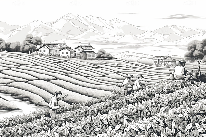 茶园线条中国风铜版画