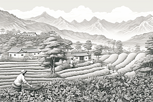 茶园传统线条铜版画