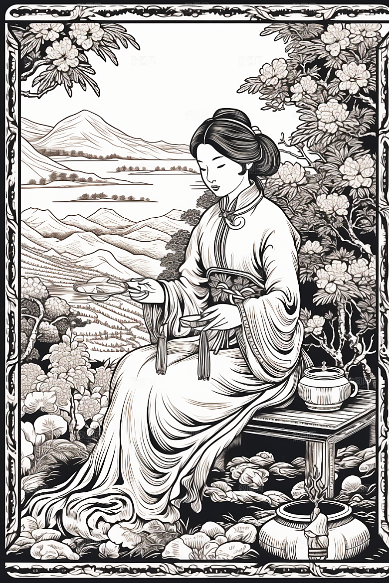 茶园中国风水墨铜版画