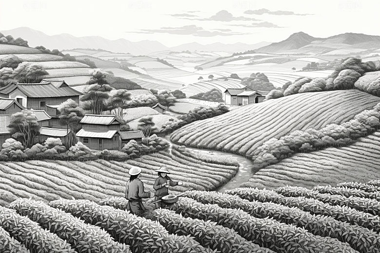 茶园雕刻写实铜版画