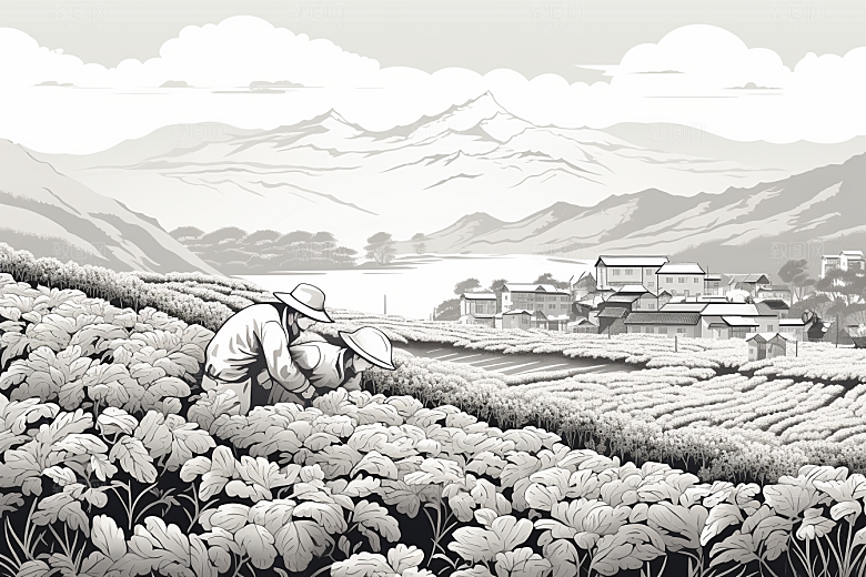 茶园水墨雕刻铜版画