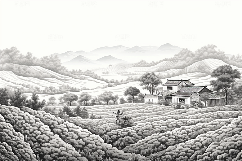茶园中国风黑白铜版画