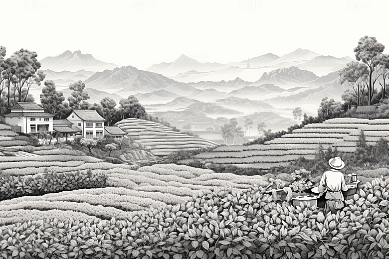 茶园线条传统铜版画