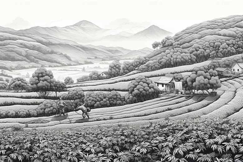 茶园传统水墨铜版画