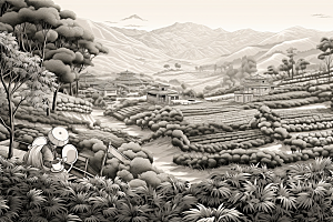 茶园黑白传统铜版画