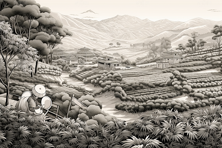 茶园黑白传统铜版画