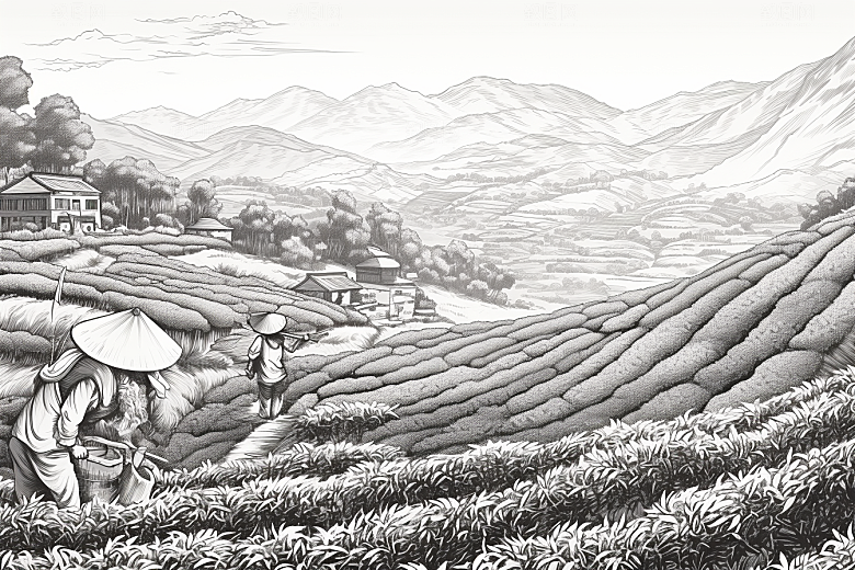 茶园中国风线条铜版画