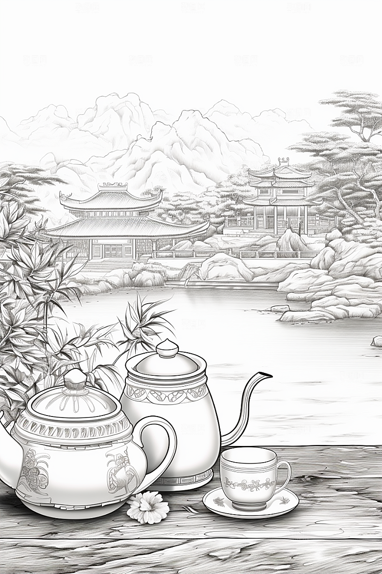 茶园黑白中国风铜版画