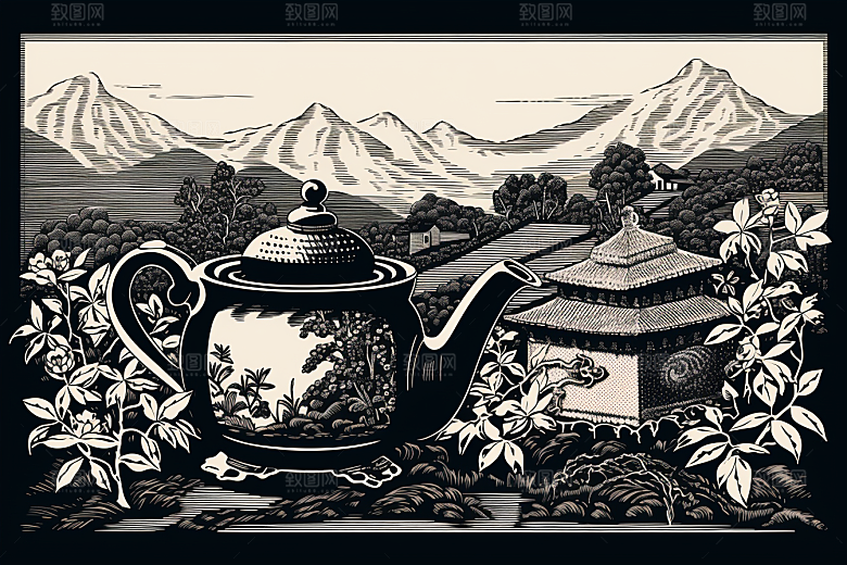 茶园雕刻写实铜版画