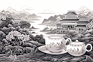 茶园黑白线条铜版画