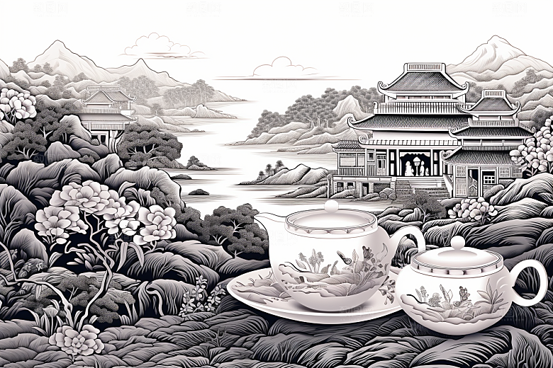 茶园黑白线条铜版画