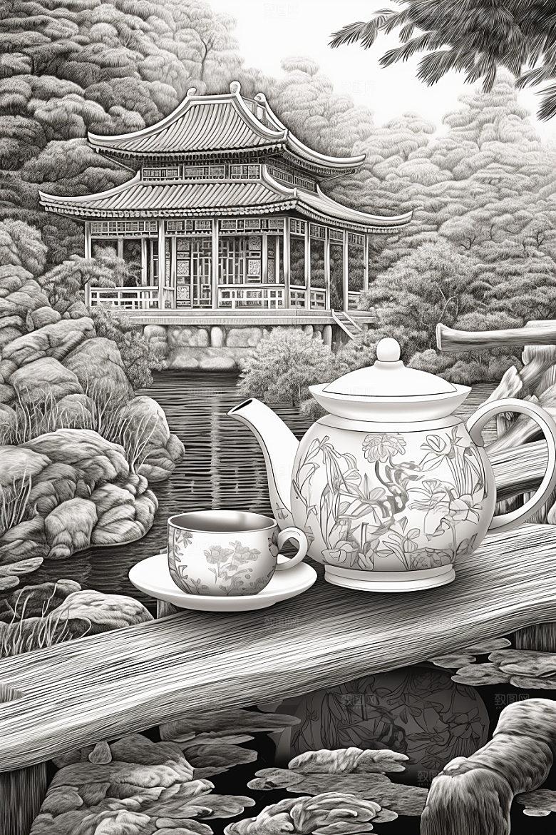 茶园水墨雕刻铜版画