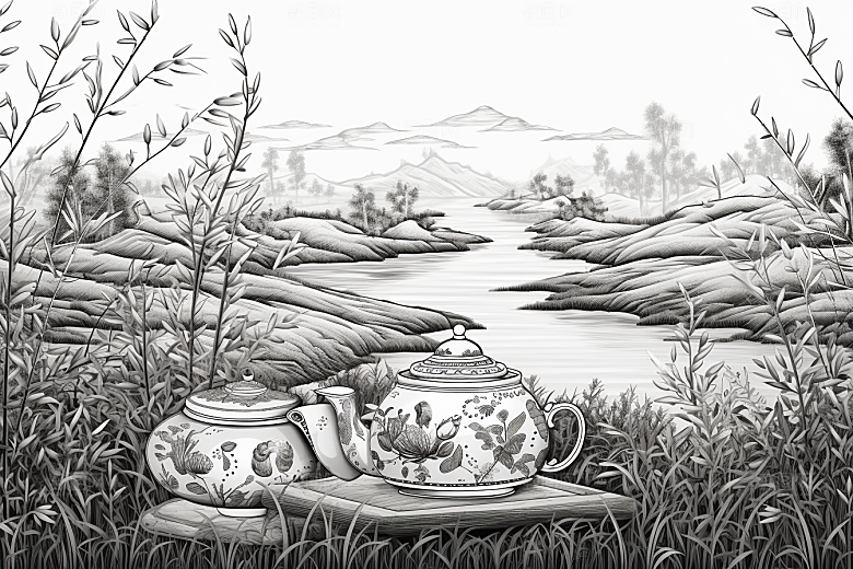 茶园水墨写实铜版画