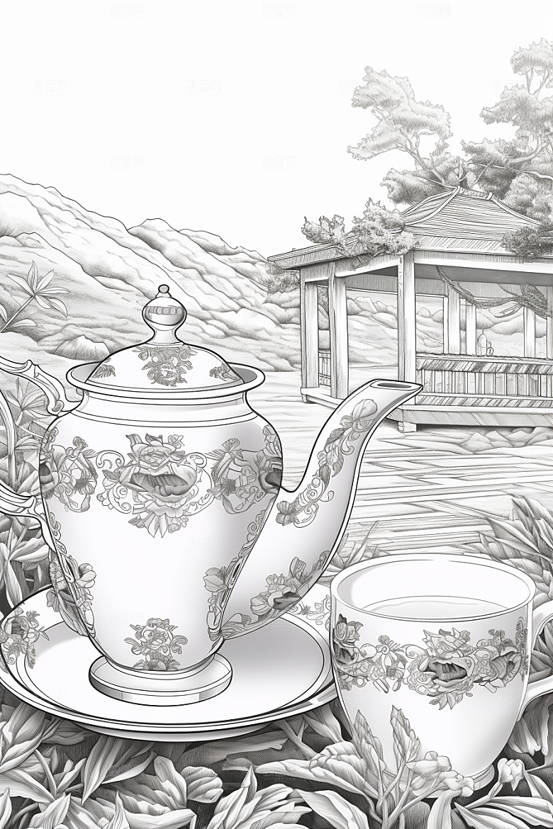 茶园黑白雕刻铜版画