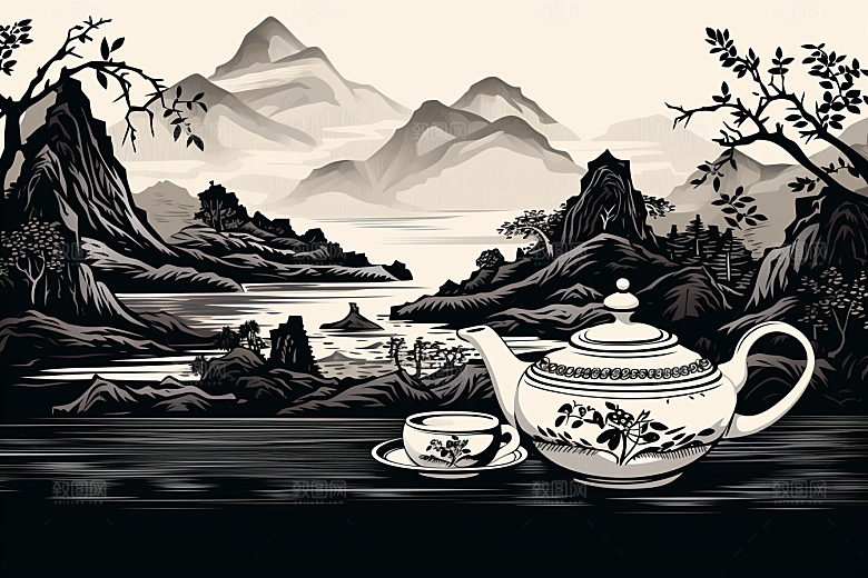 茶园中国风线条铜版画