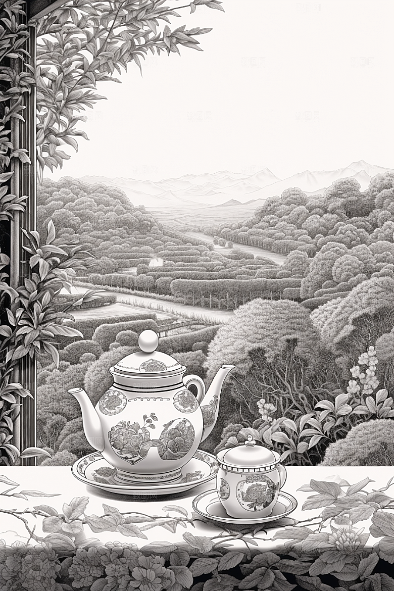 茶园线条中国风铜版画