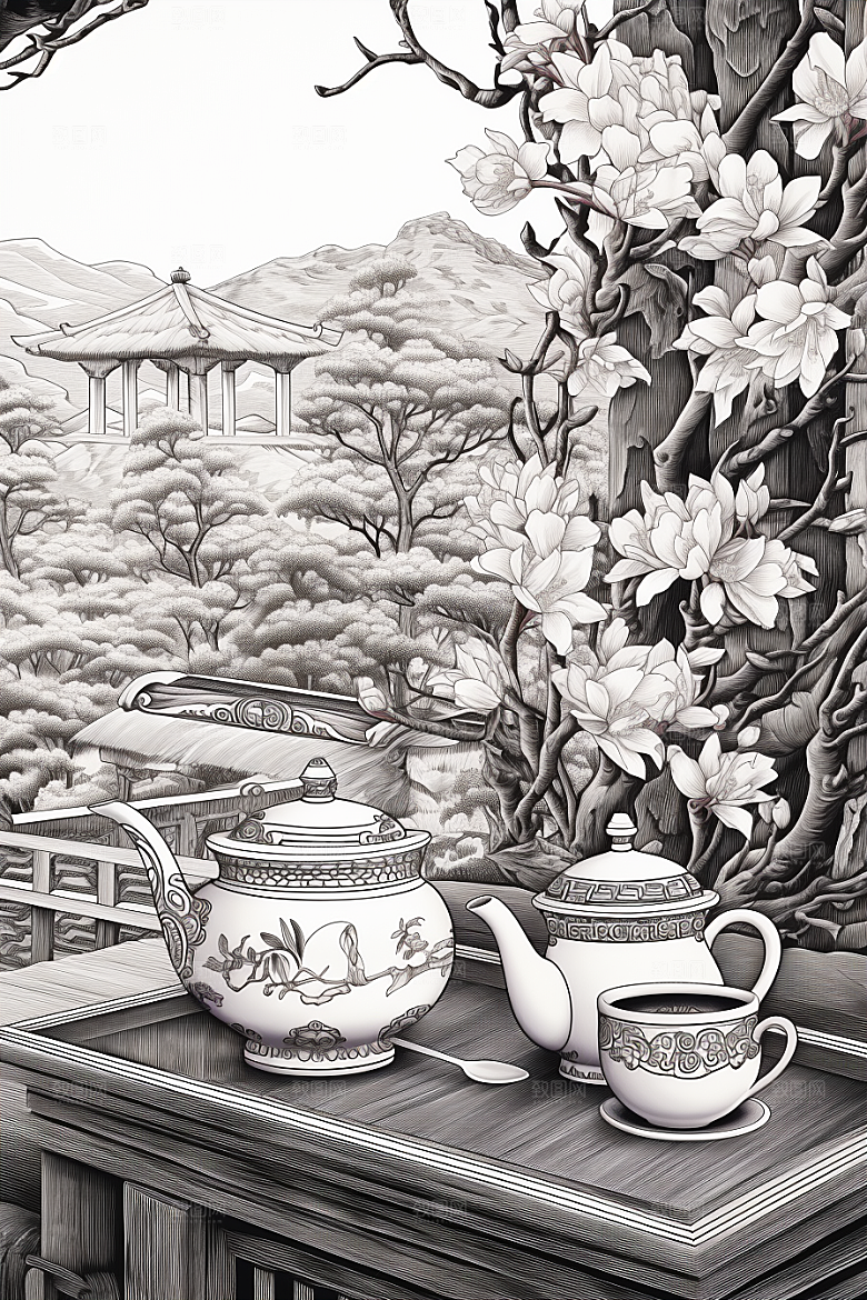 茶园国画写实铜版画