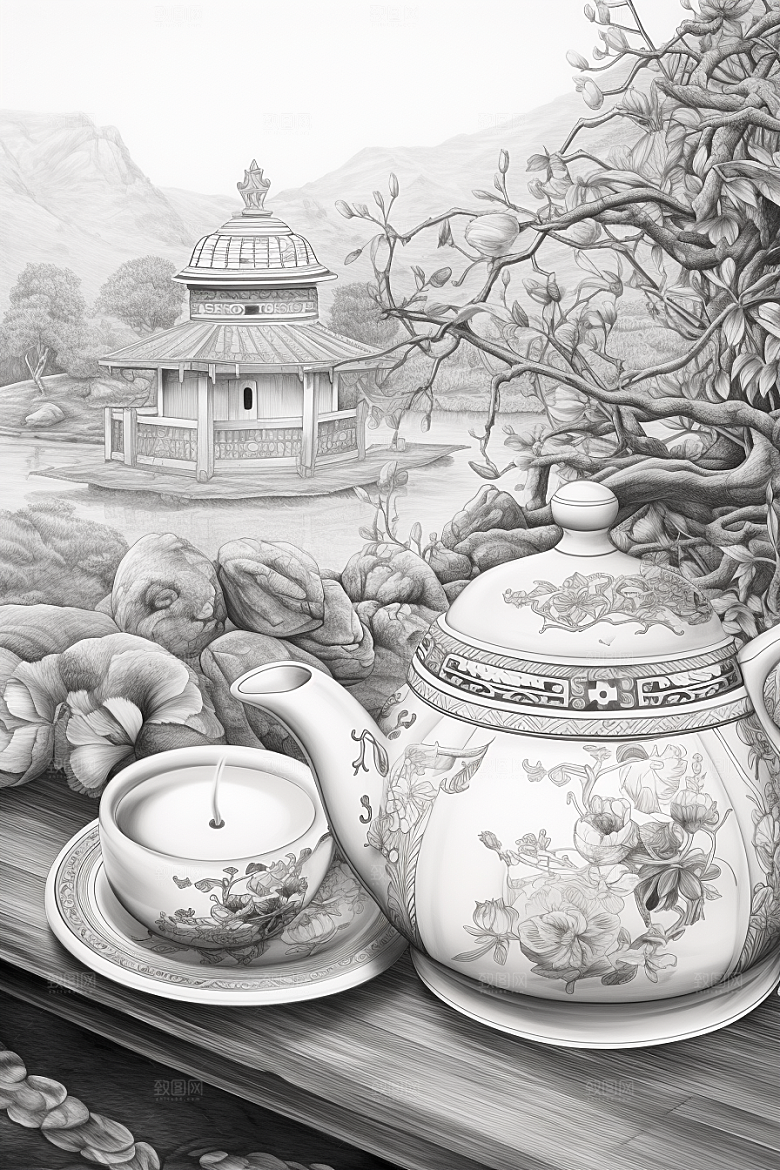 茶园黑白国画铜版画