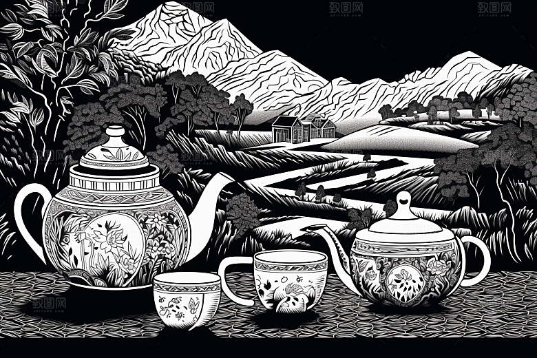 茶园中国风写实铜版画