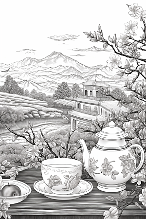 茶园中国风雕刻铜版画