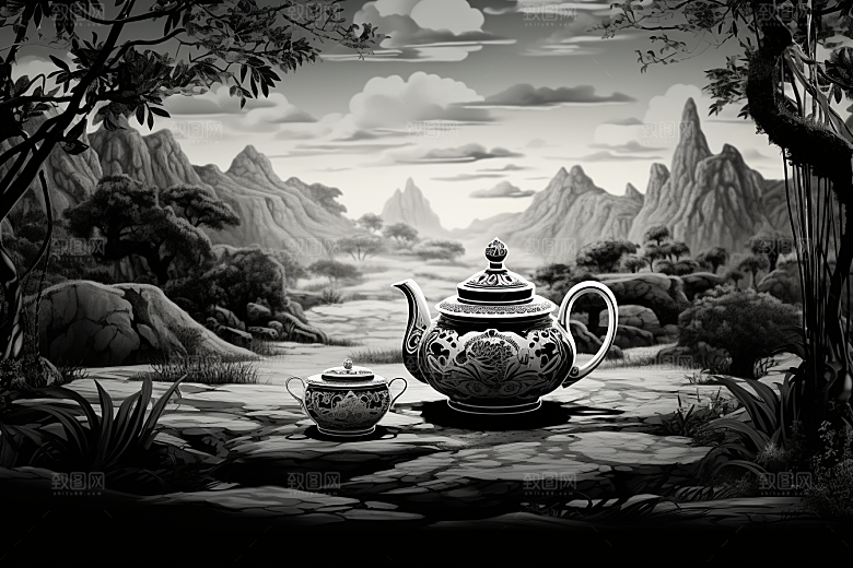 茶园写实线条铜版画