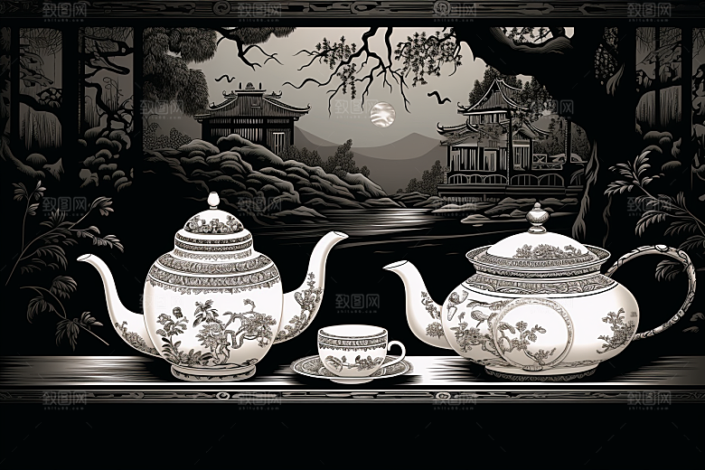 茶园线条水墨铜版画