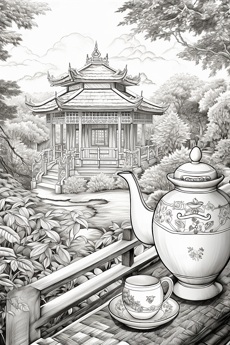 茶园写实线条铜版画