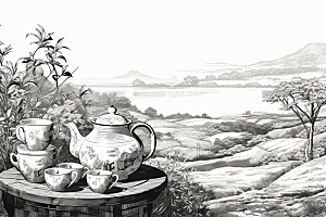 茶园国画水墨铜版画