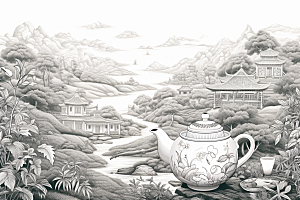 茶园国画线条铜版画