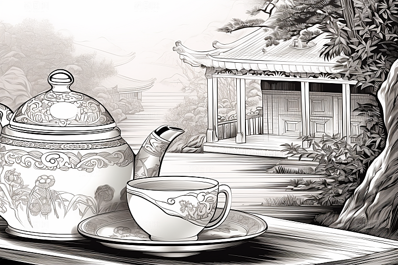 茶园黑白水墨铜版画