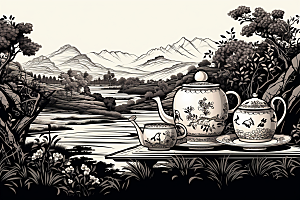茶园写实黑白铜版画