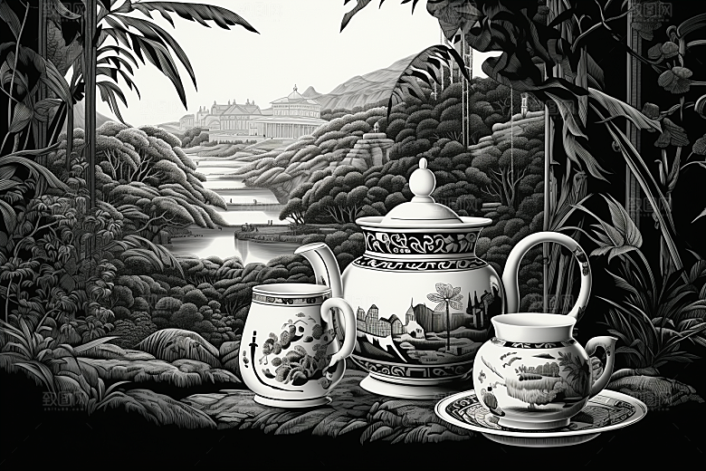 茶园国画水墨铜版画