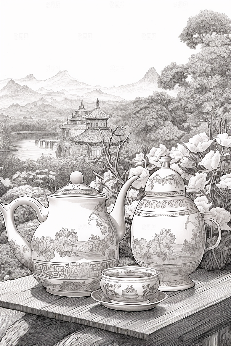 茶园线条中国风铜版画