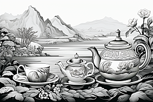 茶园传统线条铜版画