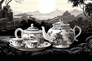 茶园线条传统铜版画
