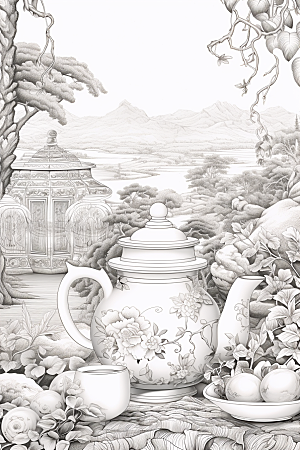 茶园中国风水墨铜版画