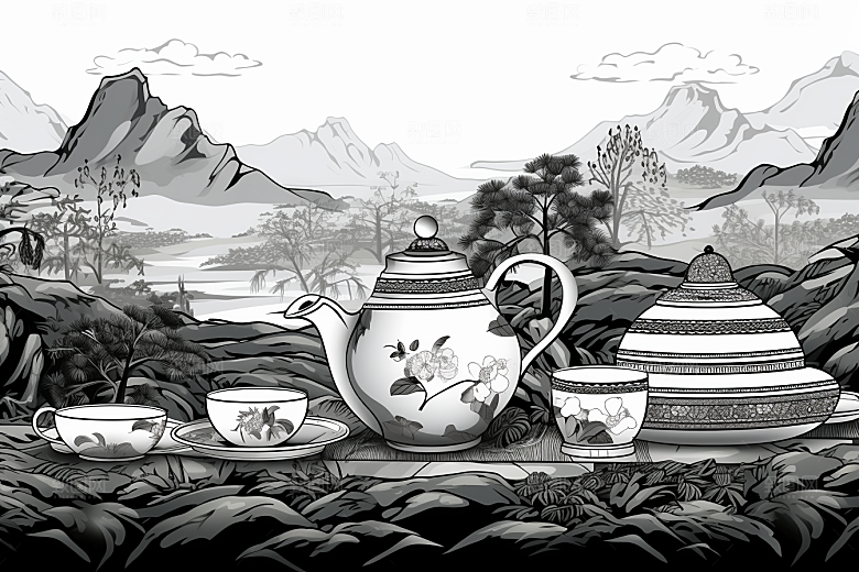 茶园线条写实铜版画