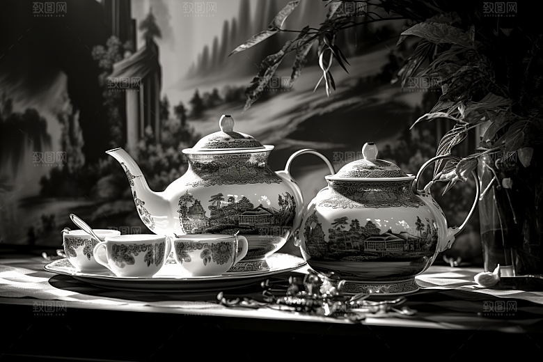 茶园雕刻黑白铜版画