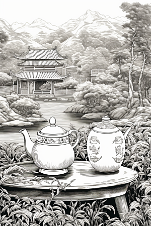 茶园水墨传统铜版画