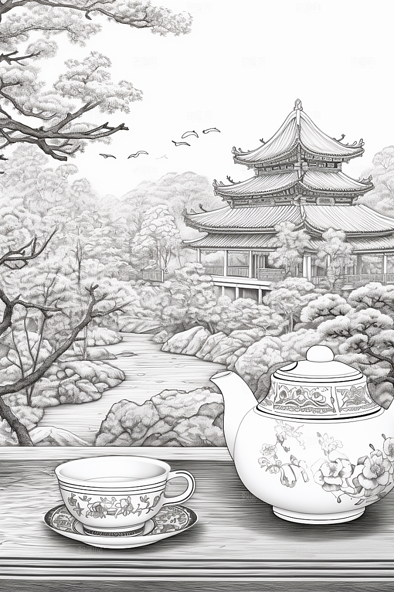 茶园中国风国画铜版画