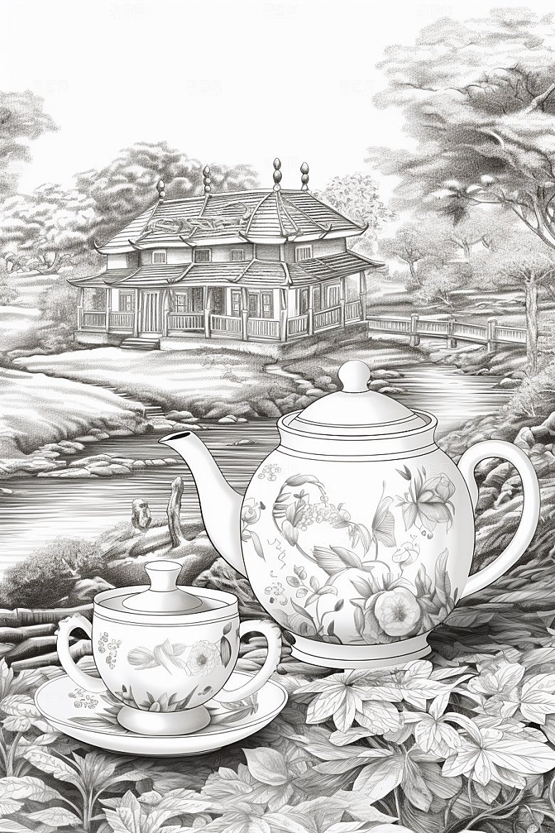茶园国画雕刻铜版画