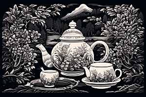 茶园黑白中国风铜版画