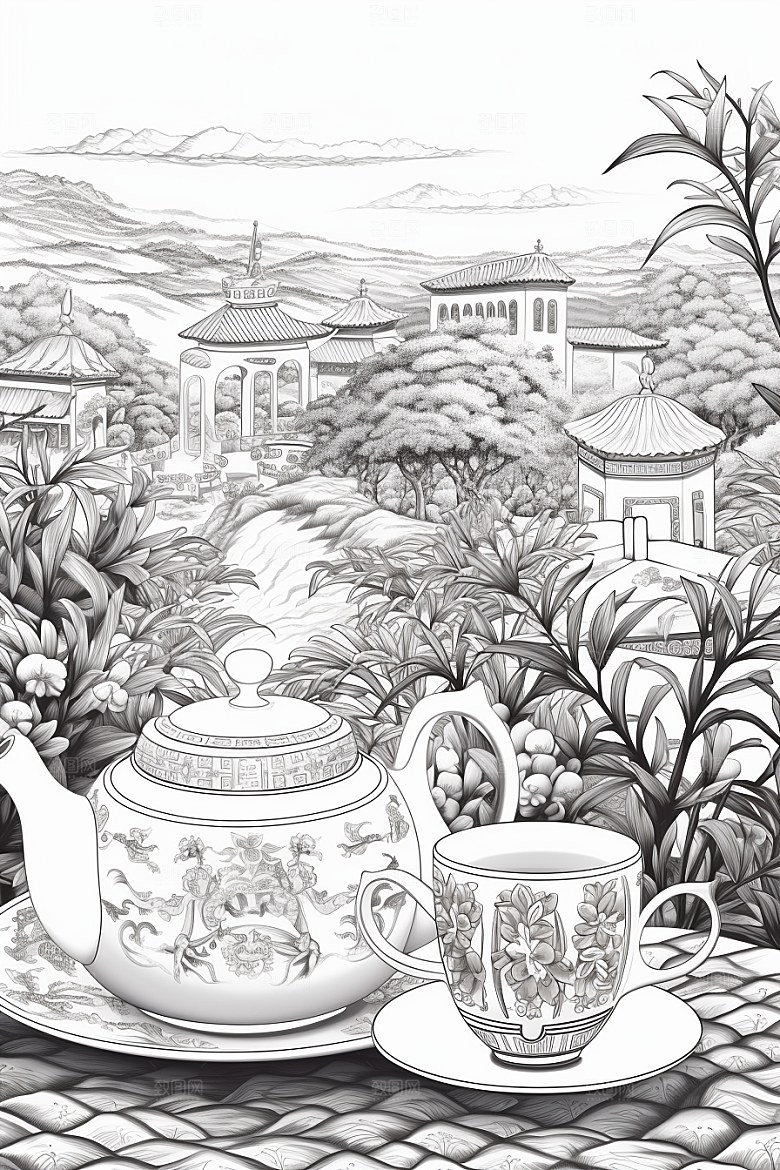 茶园黑白国画铜版画